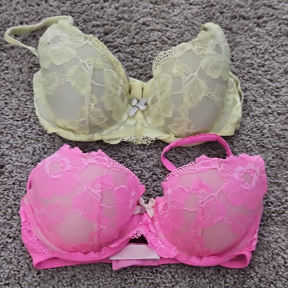 Elegant Lace Push-Up Bra Set - Yellow & Pink